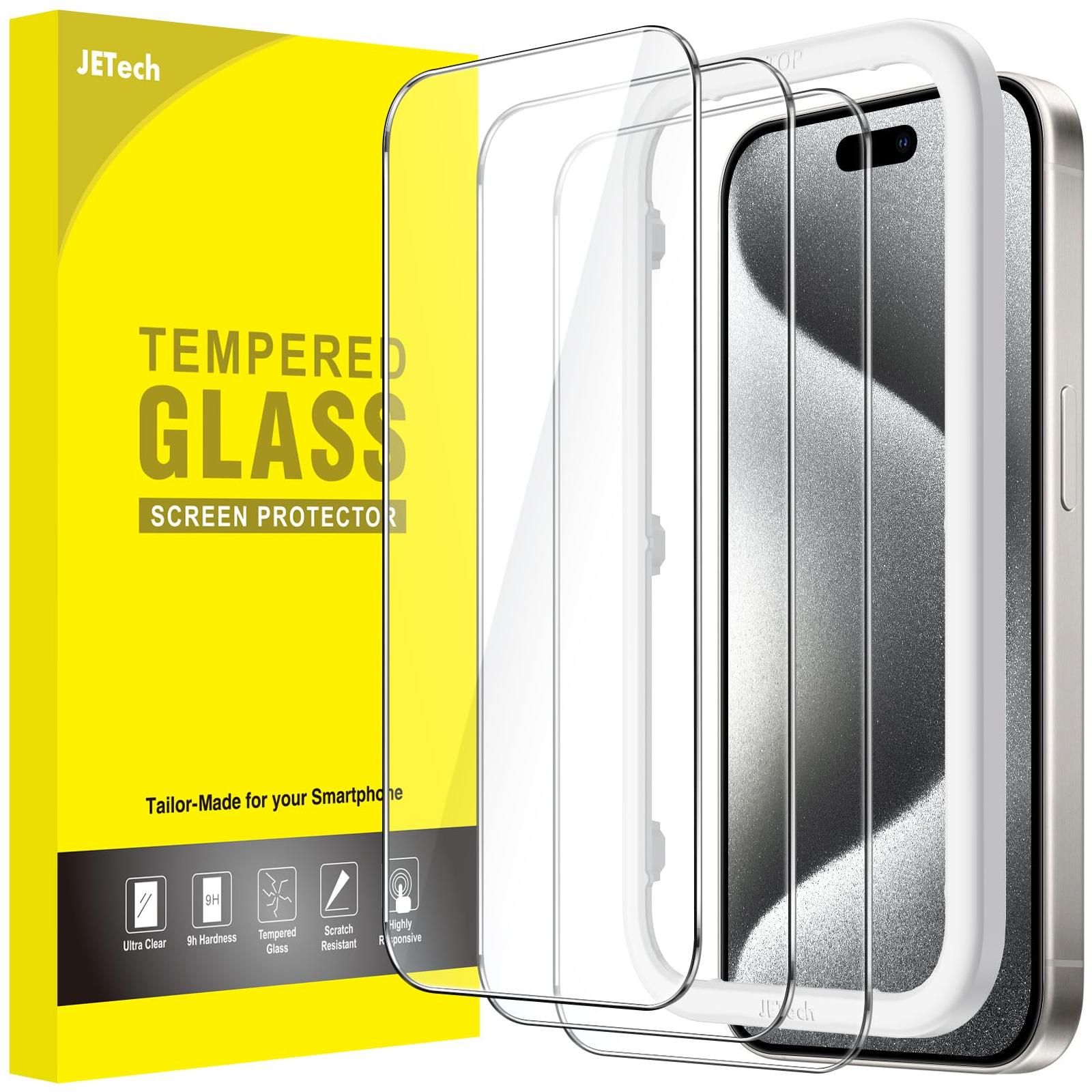 JETech Screen Protector voor iPhone 15 Pro 6,1-Inch, Volledige Dekking Gehard Glas Film Schermbeschermer met Eenvoudige Installatietool, Hoesje-Vriendelijk, HD Doorzichtig, 3-Stuks - NLMAX