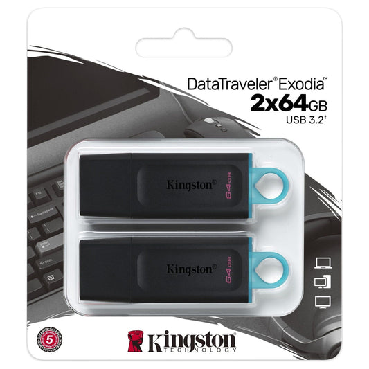 Kingston 64 GB DT EXODIA USB3.2 GEN 1 (ZWART + TEAL) 2 STUKS - NLMAX