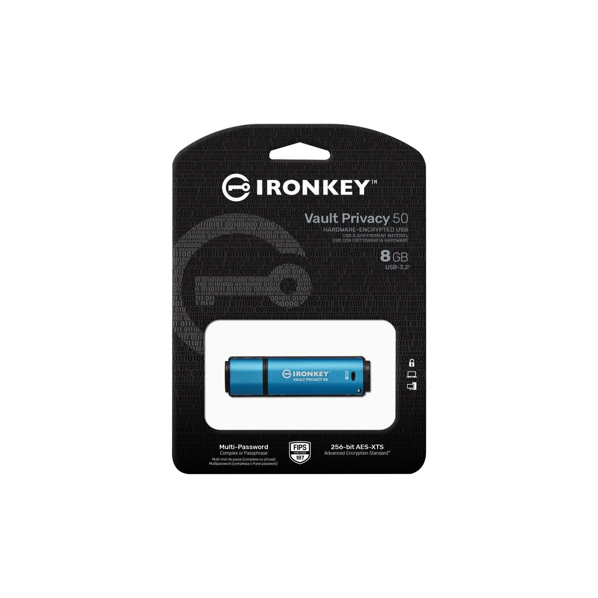 Kingston IronKey Vault Privacy 50 Drive Flash Drive USB FIPS 197 gecertificeerde & XTS-AES 256-bits gecodeerde USB-drive voor - IKVP50/8GB - NLMAX