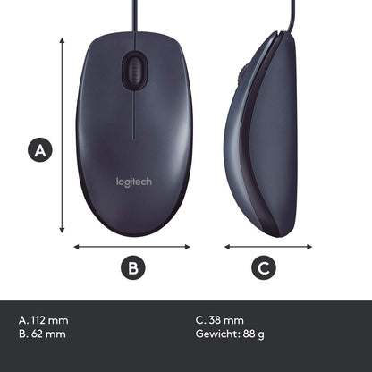 Logitech B100 USB Muis, 3 Knoppen, Optische Tracking, Links-en Rechtshandig, PC/Mac/Laptop - Zwart - NLMAX