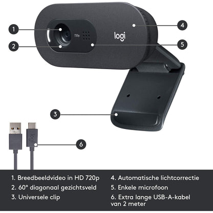 Logitech C505 HD Webcam - 720p HD Externe USB-Camera voor Desktop of Laptop met Microfoon met Groot Bereik, Compatibel met PC of Mac - Zwart - NLMAX