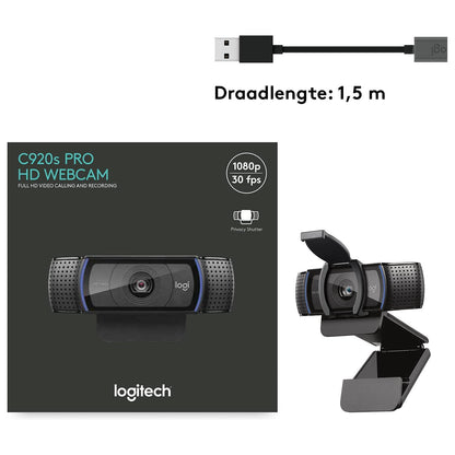 Logitech C920S HD Pro Webcam, Full HD 1080p/30fps videobellen, stereo audio, HD lichtcorrectie, privacy sluiter, werkt met Skype, Zoom, FaceTime, Hangouts, PC/Mac/Laptop/Macbook/Tablet - Zwart - NLMAX