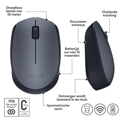 Logitech M170 draadloze muis, 2,4 GHz met USB-nano-ontvanger, optische tracking, batterijduur van 12 maanden, tweehandig, pc/Mac/laptop, zwart/grijs - NLMAX