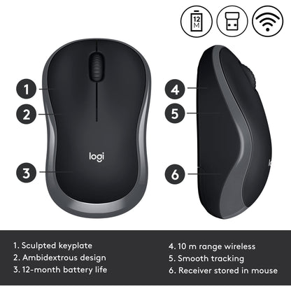 Logitech M185 draadloze muis, 2,4 GHz met USB-mini-ontvanger, batterijduur van 12 maanden, 1000 DPI optische tracking, tweehandig, compatibel met PC, Mac, laptop, grijs, 1 stuk - NLMAX