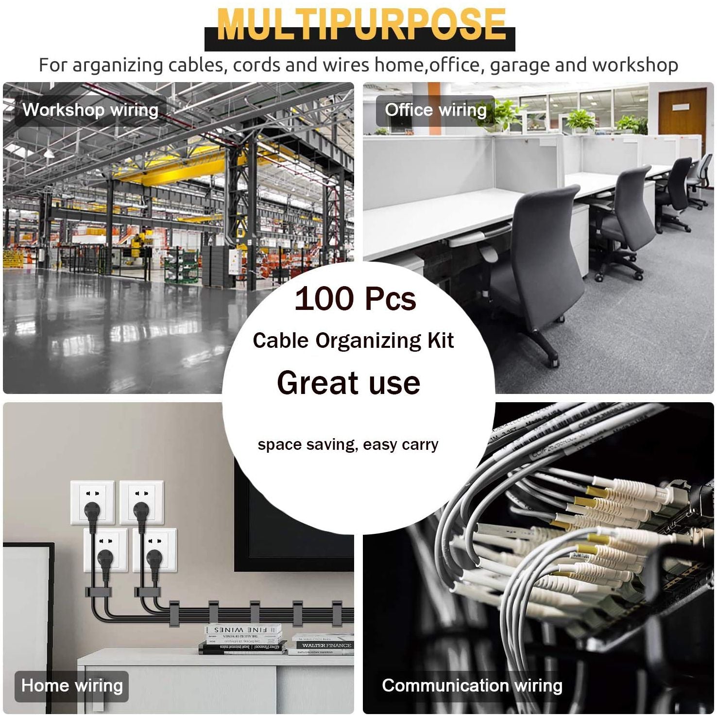 MiuCo 100 stuks kabelorganizers, Cable Management Kit met Kabelbinders Klittenband en Kabelclips Kabelhouders Zelfklevend, Kabelmanagement Set voor bureaus met cable holder en klittenband zelfklevend - NLMAX