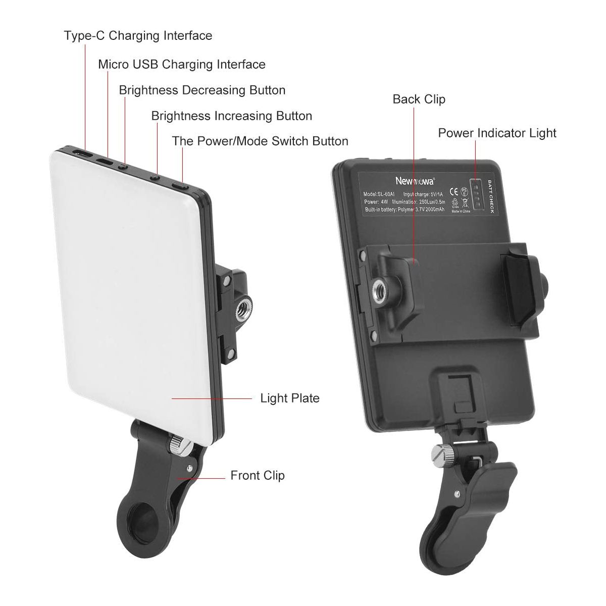 Newmowa LED 60 Professional Video Lamp, 3200-5600K 3 Light Modes and Brightness 10 Levels Dimmable CRI95 + Ultra-Thin Panel Light for Phone, iPhone, Android, iPad, Laptop - NLMAX