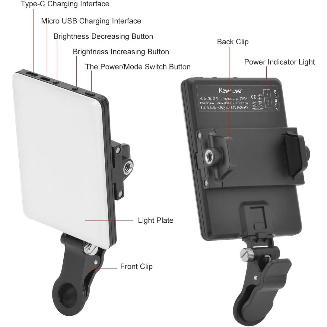 Newmowa LED 60 Professional Video Lamp, 3200-5600K 3 Light Modes and Brightness 10 Levels Dimmable CRI95 + Ultra-Thin Panel Light for Phone, iPhone, Android, iPad, Laptop - NLMAX