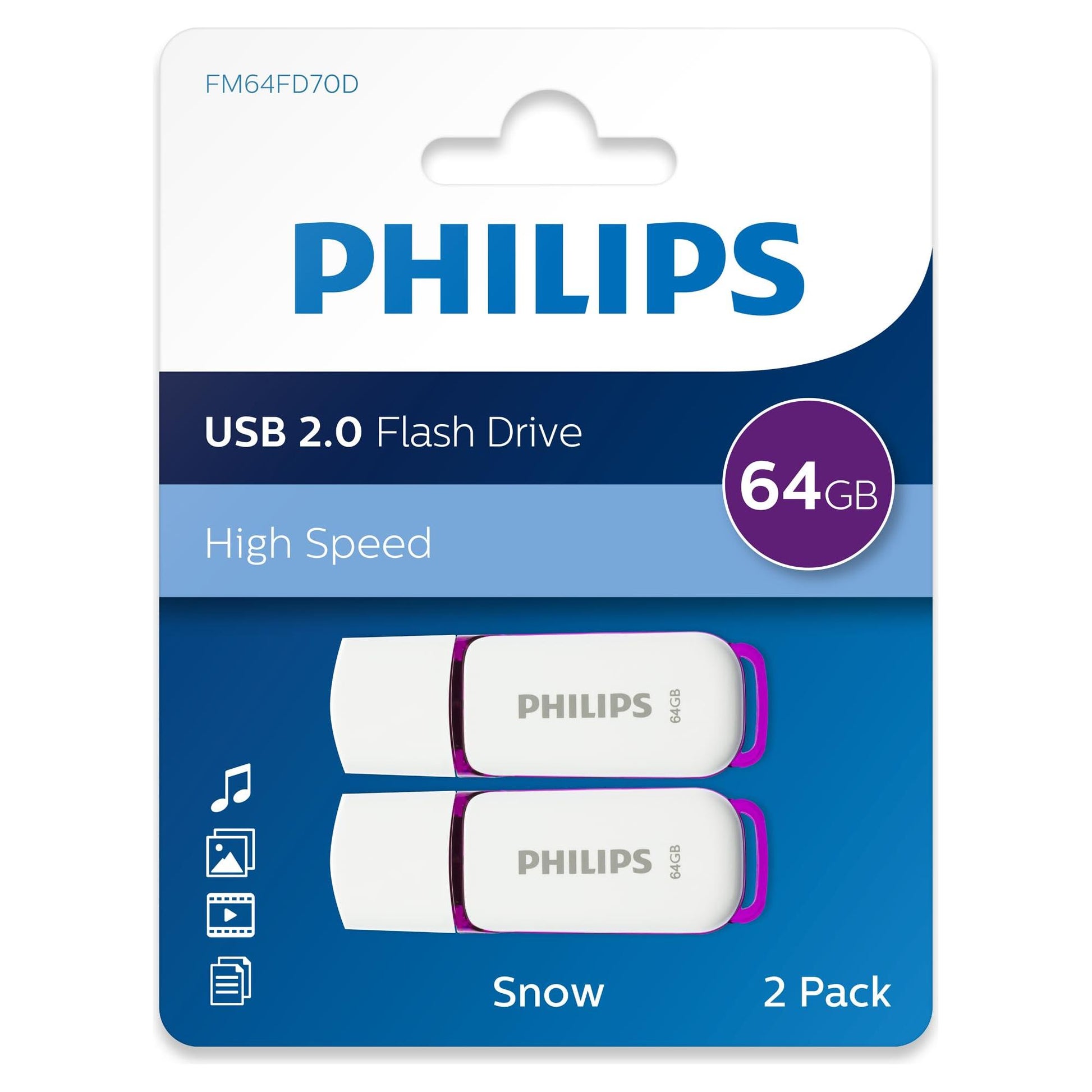 Philips 2 Pack USB Stick 64GB Memory USB 2.0 Flash Drive Snow Edition for PC, Laptop, Computer Data Storage 2 x 64GB Reads up to 25MB/sk - NLMAX