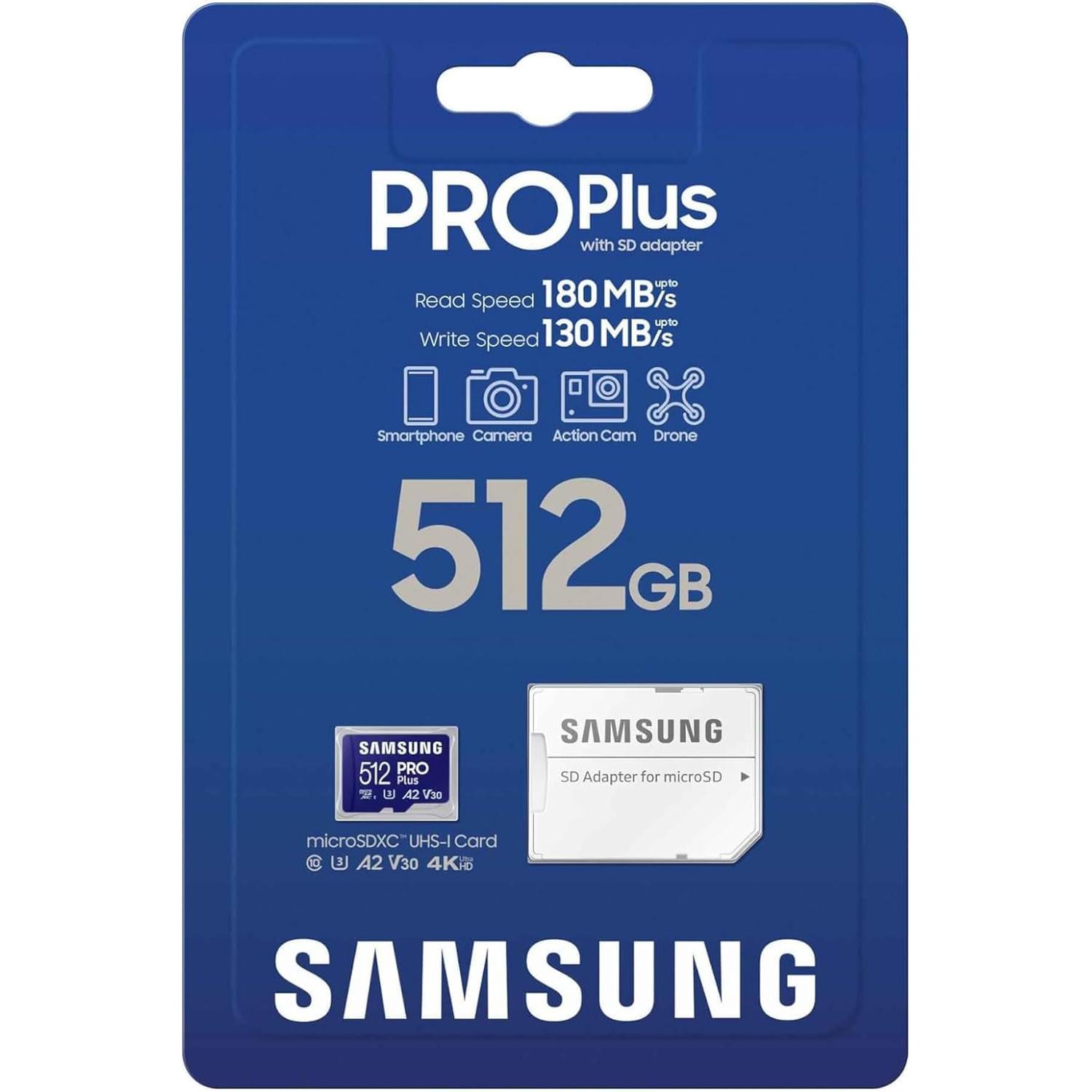 Samsung PRO Plus microSD-geheugenkaart, 512GB, UHS-I U3, Full HD & 4K UHD, 180 MB/s lezen, 130 MB/s schrijven, voor smartphone, drone of action-cam, incl. SD-adapter, MB-MD512SA/EU - NLMAX