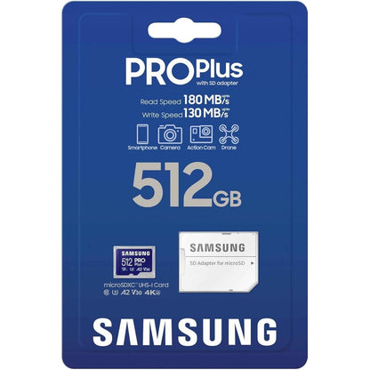Samsung PRO Plus microSD-geheugenkaart, 512GB, UHS-I U3, Full HD & 4K UHD, 180 MB/s lezen, 130 MB/s schrijven, voor smartphone, drone of action-cam, incl. SD-adapter, MB-MD512SA/EU - NLMAX