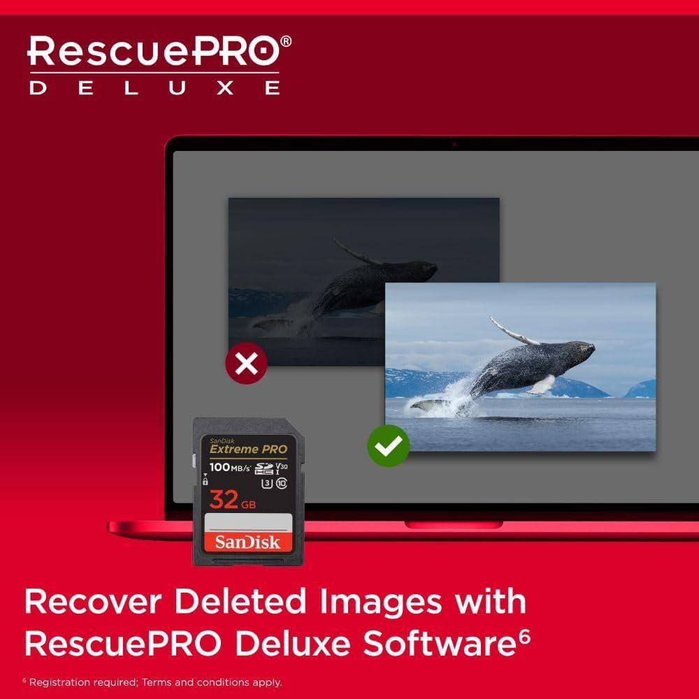 SanDisk 32 GB Extreme PRO RescuePRO Deluxe SDHC+-kaart, tot 100 MB/s, UHS-I, klasse 10, U3, V30 - NLMAX