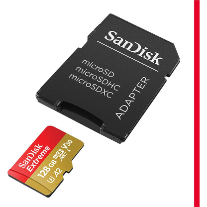 SanDisk Extreme MicroSDXC UHS-I Geheugenkaart 128 GB Met SD Adapter (1 Jaar RescuePRO Deluxe, Leessnelheden Tot 190 MB/s, A2, C10, V30, U3, 30 Jaar Garantie) Rood/Goud - NLMAX