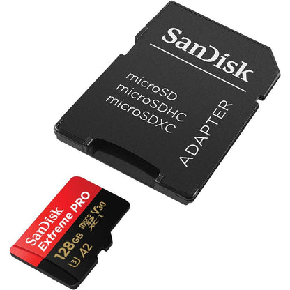 SanDisk Extreme PRO 128GB MicroSDXC UHS‐I Card with SD Adapter (A2 App Performance, 2 Year RescuePRO Deluxe Software, Read Speeds Up to 200MB/s, Class 10, UHS-I, U3, V30, 30 Year Warranty) Black - NLMAX