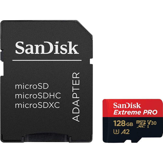 SanDisk Extreme PRO 128GB MicroSDXC UHS‐I Card with SD Adapter (A2 App Performance, 2 Year RescuePRO Deluxe Software, Read Speeds Up to 200MB/s, Class 10, UHS-I, U3, V30, 30 Year Warranty) Black - NLMAX
