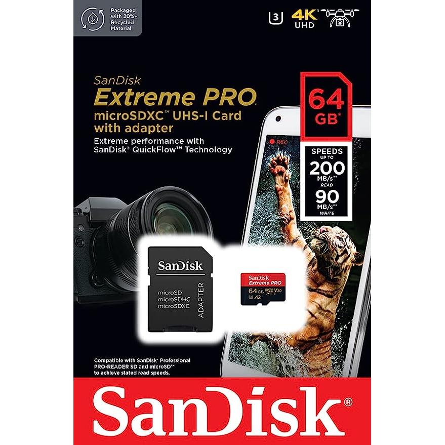 SanDisk Extreme PRO 64 GB MicroSDXC UHS‐I‐Kaart Met SD-Adapter (A2 App Performance, 2 Jaar RescuePRO Deluxe Software, Leessnelheden Tot 200 MB/s, Class 10, UHS-I, U3, V30, 30 Jaar Garantie) Zwart - NLMAX