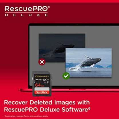 SanDisk Extreme PRO SDXC UHS‐I‐Kaart 64 GB (4K UHD, Leessnelheden Tot 200 MB/s, Class 10, UHS-I, U3, V30, 2 Jaar RescruePRO Deluxe Software, Levenslange Beperkte Garantie) Zwart - NLMAX