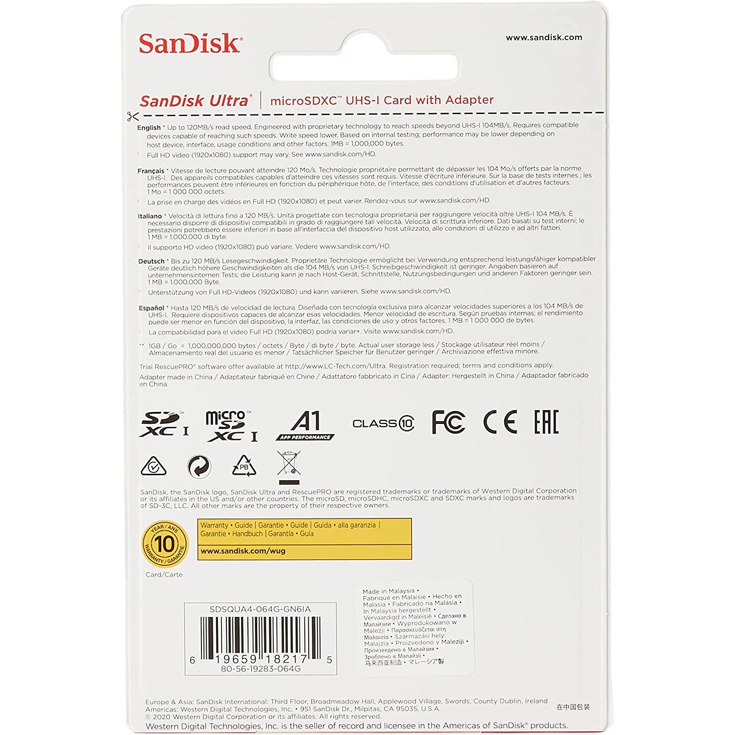 Sandisk Ultra 64 GB microSDXC UHS-I U1 Class 10 Geheugen Kaart met Adapter, tot 120 MB/s - NLMAX