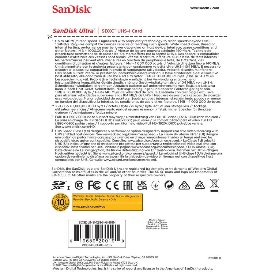 SanDisk Ultra SDXC UHS-I-Kaart 128 GB (Full HD-Video’s, UHS-I-Videoprestaties, Leessnelheden Tot 140 MB/s, Bestand Tegen Water, Temperatuurschommelingen, 10 Jaar Beperkte Garantie) - NLMAX