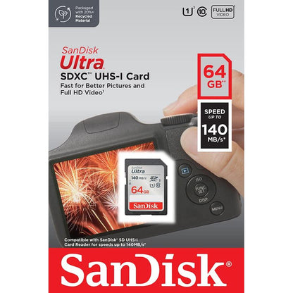 SanDisk Ultra SDXC UHS-I-Kaart 64 GB (Full HD-Video’s, UHS-I-Videoprestaties, Leessnelheden Tot 140 MB/s, Bestand Tegen Water, Temperatuurschommelingen, 10 Jaar Beperkte Garantie) - NLMAX