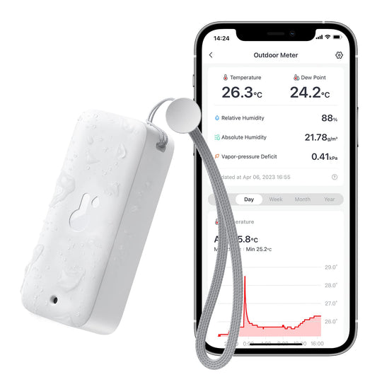 SwitchBot IP65 Buiten Binnen Thermometer Hygrometer, 120m Bluetooth Bereik, Koelkast Thermometer, Dauwpunt/VPD/Absolute Vochtigheid Sensor, Gratis Data Opslag Export, 2 Jaar Levensduur Batterij - NLMAX