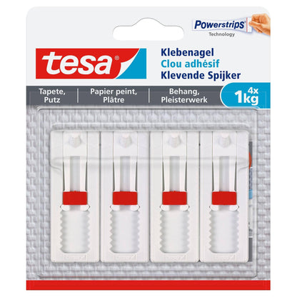 tesa Powerstrips Verstelbare kleefspijker voor behang en pleisterwerk, zelfklevende nagel 1 kg - 4 Nägel wit - NLMAX