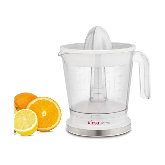 Ufesa Activa EX4942 Elektrische citruspers, 40W, Sapreservoir 1 l, Filter roestvrij staal, 2 verschillende Perskegels, Vaatwasmachinebestendig, Wit/Rood, BPA-vrij - NLMAX