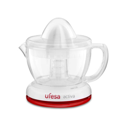 Ufesa EX4934 Elektrische citruspers, 40W, Sapreservoir 0'7 l, Filter roestvrij staal, 2 verschillende Perskegels, Vaatwasmachinebestendig, Wit/Rood, BPA-vrij - NLMAX